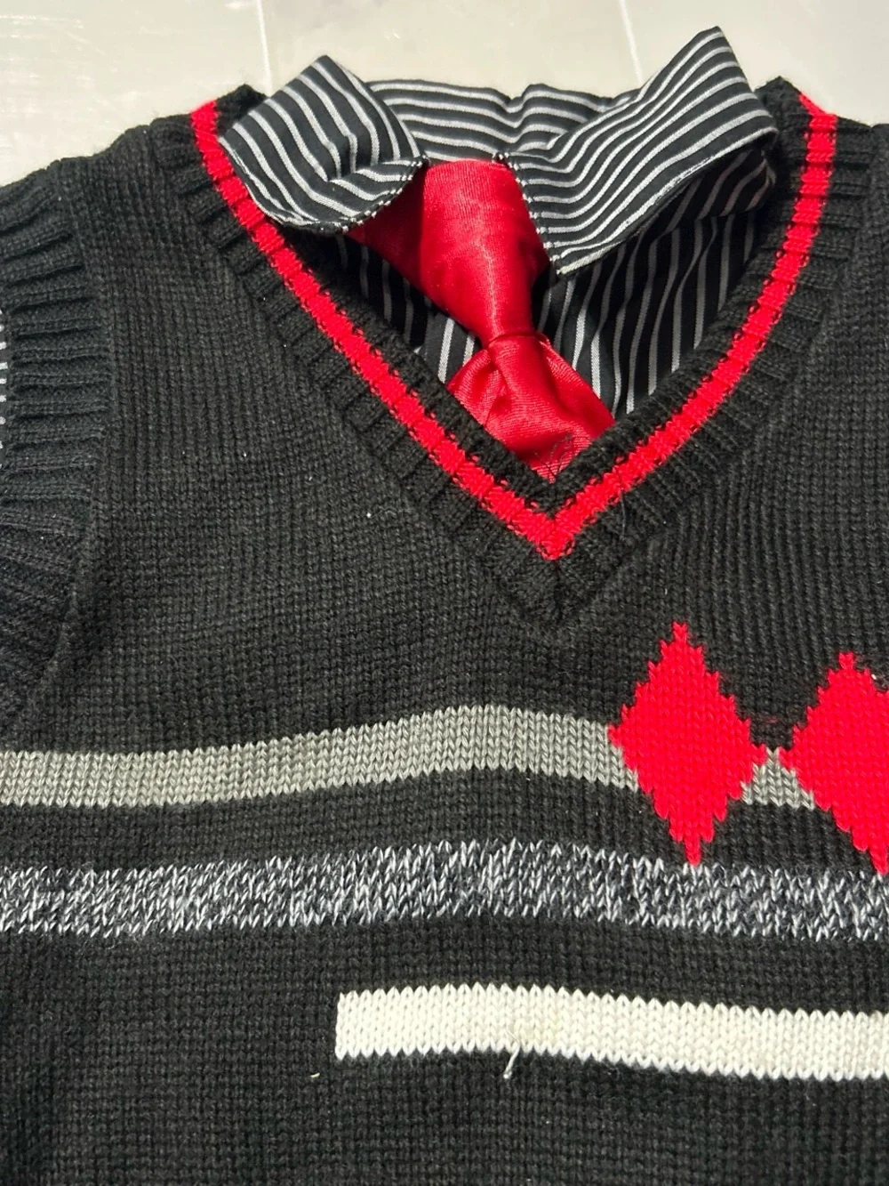 Kids Black Argyle Knit Vest with Red Accents - Dressy Layering Sweater